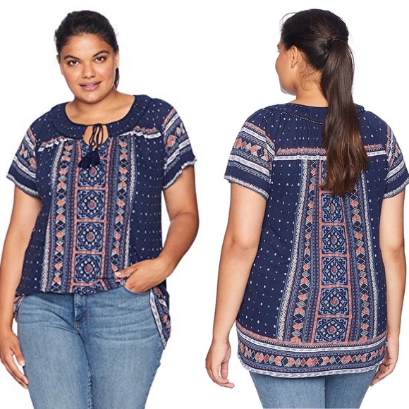 Lucky Brand Tops - Lucky Brand Blue Tile Print Boho Top Size 1X